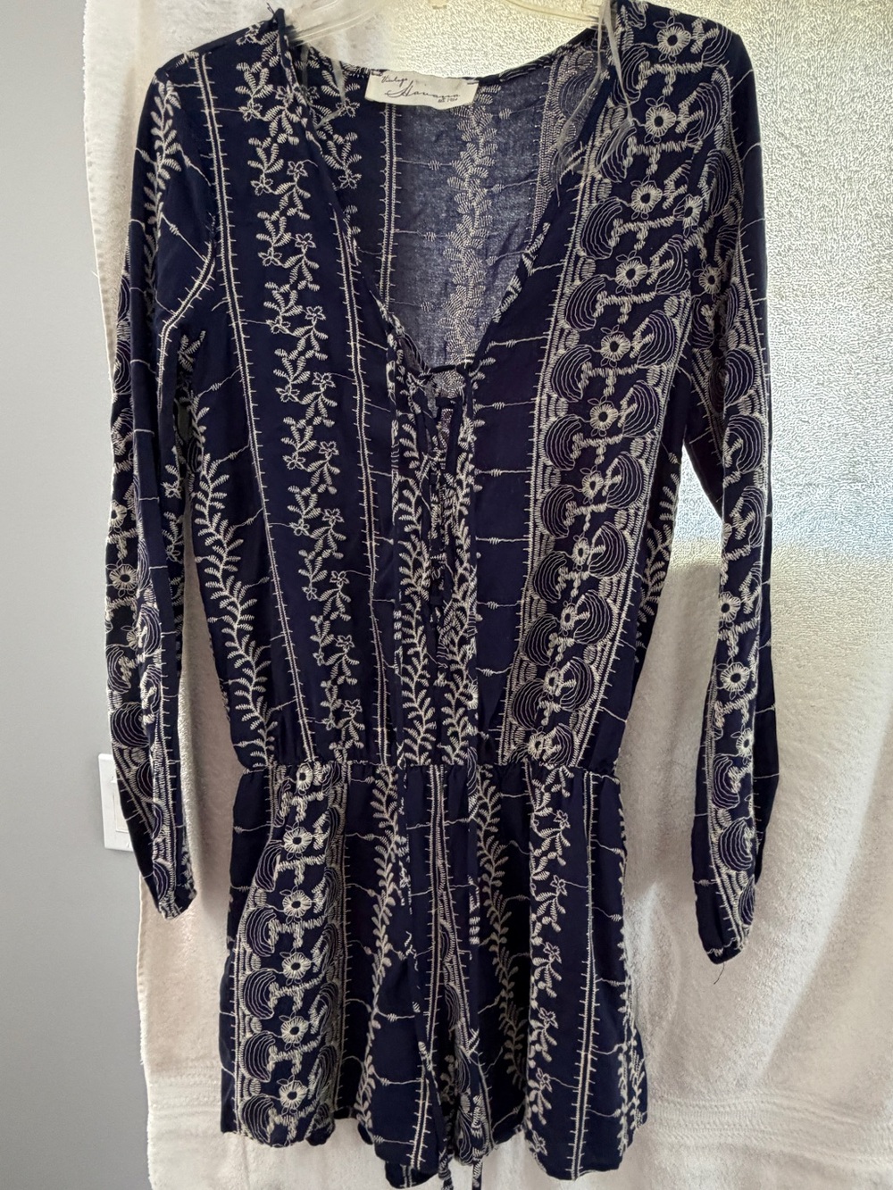 Vintage Havana Navy Blue Embroidered V-Neck Romper Dress - fully lined